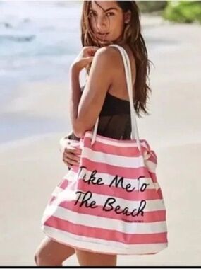 Victoria's Secret ‘Take Me to the Beach’ Large Canvas Tote Bag - Pink White